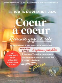 🌈 Retraite de Yoga et Création ❤️ à ❤️
Hello les amies, nous avons déjà partagé cette belle retraite de yoga et de création depuis plus d’un mois, et, on est trop heureuses, il ne reste plus que 4 places disponibles ! 🌸
Les 15 et 16 novembre, rejoignez-nous pour une parenthèse ressourçante, en collaboration avec Morgane de @cacogitedanslaboite , Christine de @terre_happy_yoga et moi-même. ✨
🚨 Attention, places limitées ! 🚨
Les réservations se terminent le 9 novembre. Pour cette dernière semaine, nous offrons la possibilité de vous inscrire à une seule journée de votre choix :
👇 Tarifs :
• Samedi 15 novembre : 115€
• Dimanche 16 novembre : 135€
• Les deux journées : 245€
Des nuitées sont possibles pour prolonger l’expérience.
Venez vivre un moment unique de ressourcement, de partage et de créativité, dans un cadre idyllique et chaleureux.
Toute info et resa en nous contactant directement !
À bientôt 🫶
🧘Christine 💭Morgane 🎨Chrystèle