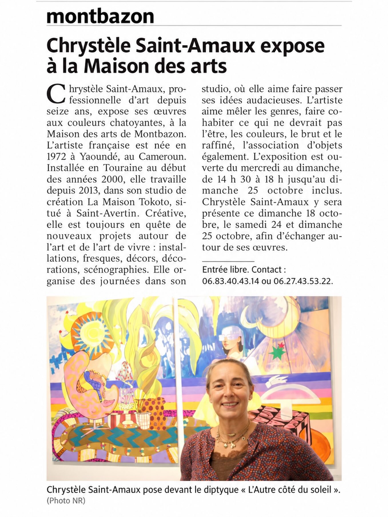 Un joli coup de projecteur dans La Nouvelle République ! 

Je vous retrouve à la Maison des Arts de Montbazon pour ces « Conversations d’Intérieurs » les 18, 24 et 25 octobre. 14h30 / 18h.

À très vite ! Dès dimanche !